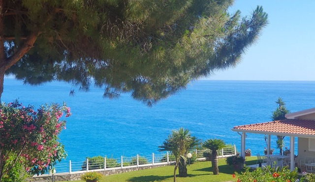 A beachfront cottage perched on a cliff, nestled in the lush greenery of the garden